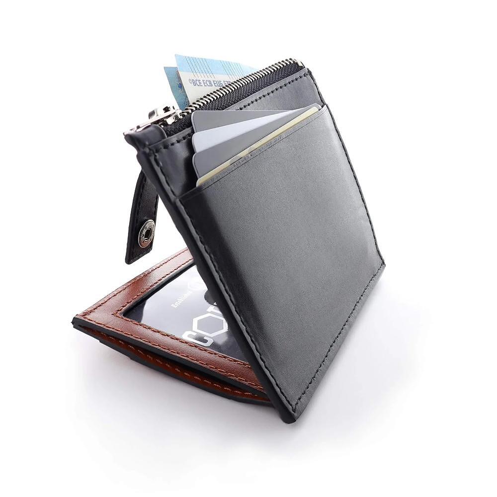 Genuine leather card holder with zipper and button - unisex - COLDFIRE