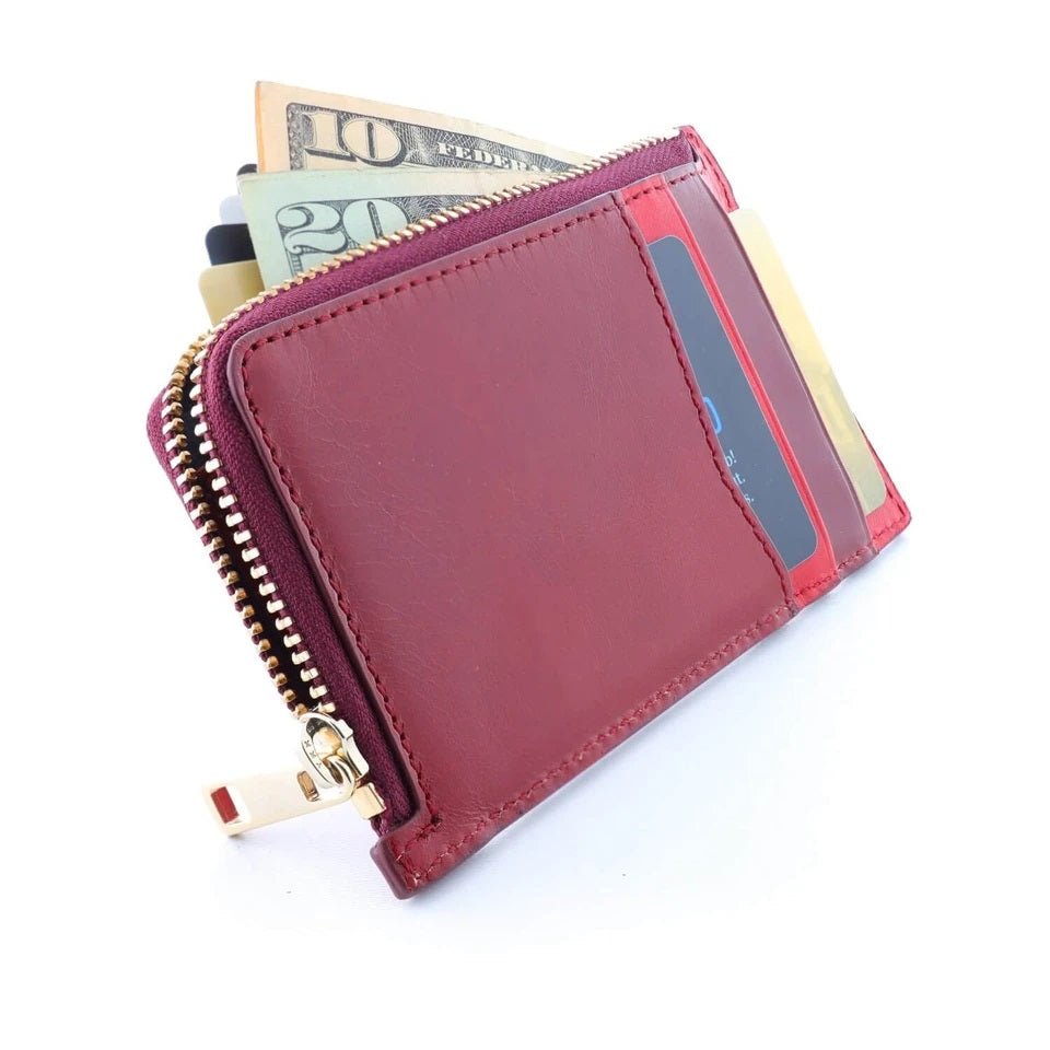 Genuine Leather Cardholder with Zipper in dark red - unisex - COLDFIRE