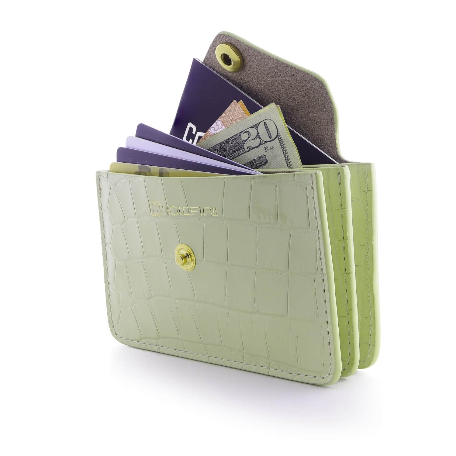 Women's Small Card Case Wallet with Flap. Mini Credit Card Holder. Croco Embossed Sage Green - COLDFIRE